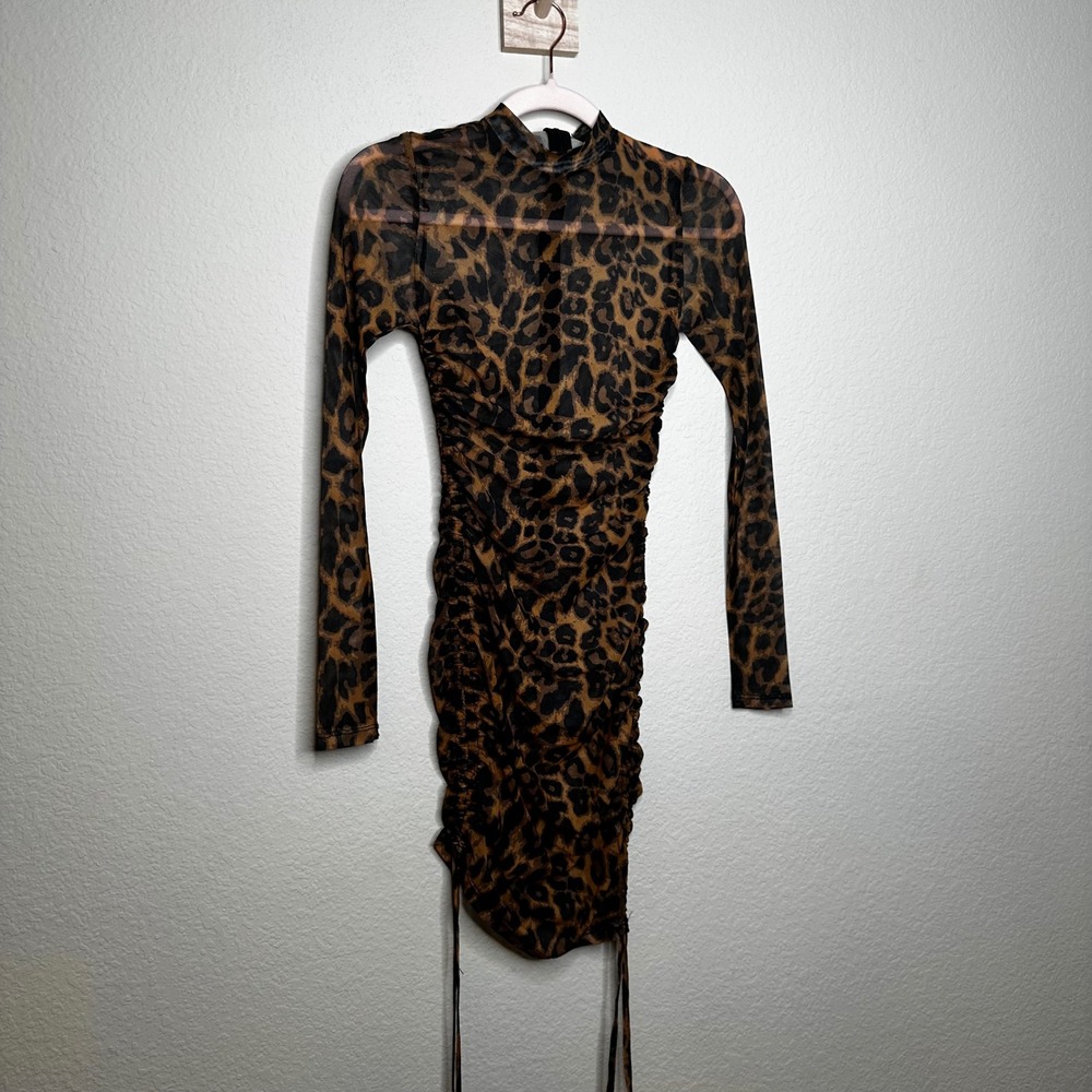 Queen Maria Leopard Mesh Ruched Mock Neck Mini Dress Brown DS51669 Small